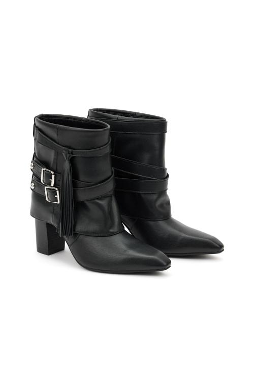 DEINET FRINGE BELT WESTERN ANKLE BOOTS IN LEATHER BLACK