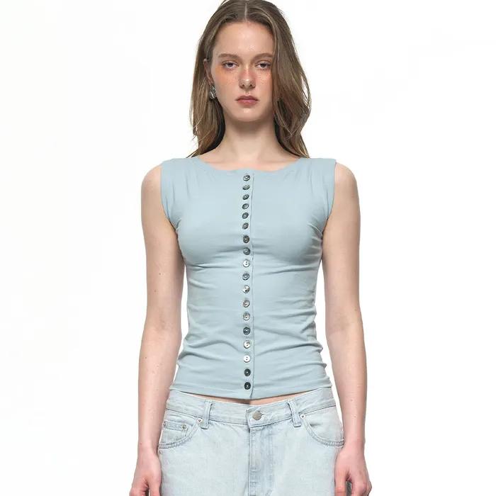MOTHER OF PEARL BUTTON SLEEVELESS TOP (LIGHT BLUE)