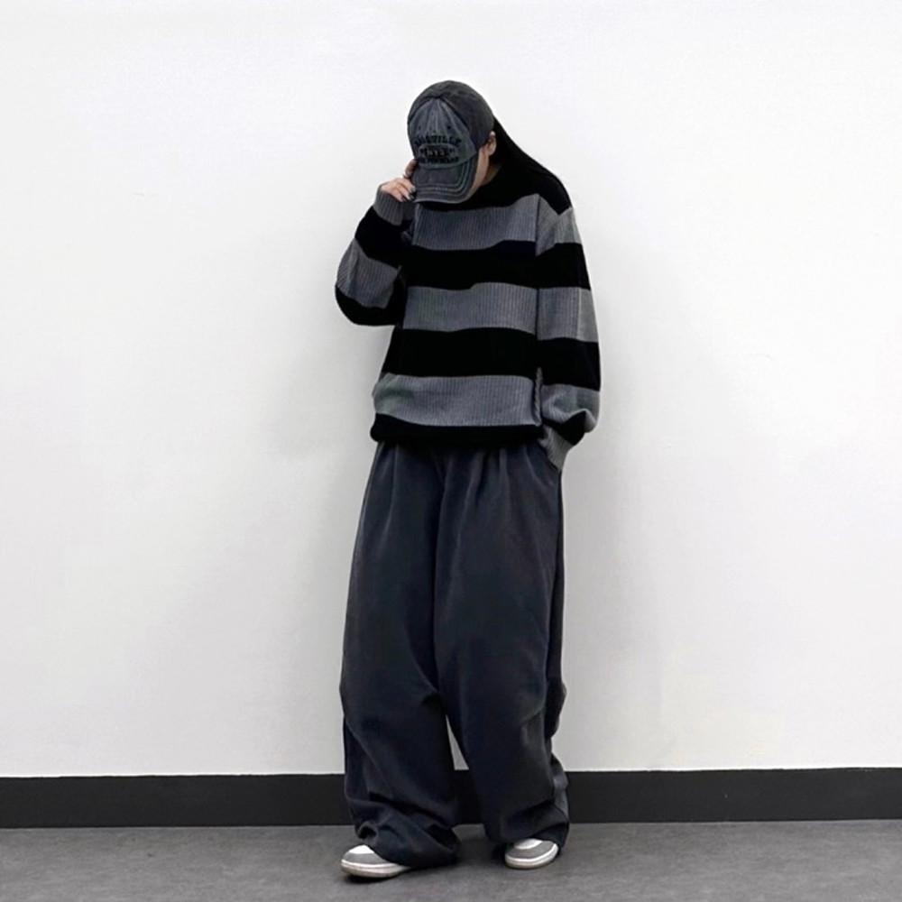 (남녀공용)4컬러 남자 여자 커플 단가라 크로플 하찌 오버핏 스트라이프 라운드 긴팔 니트