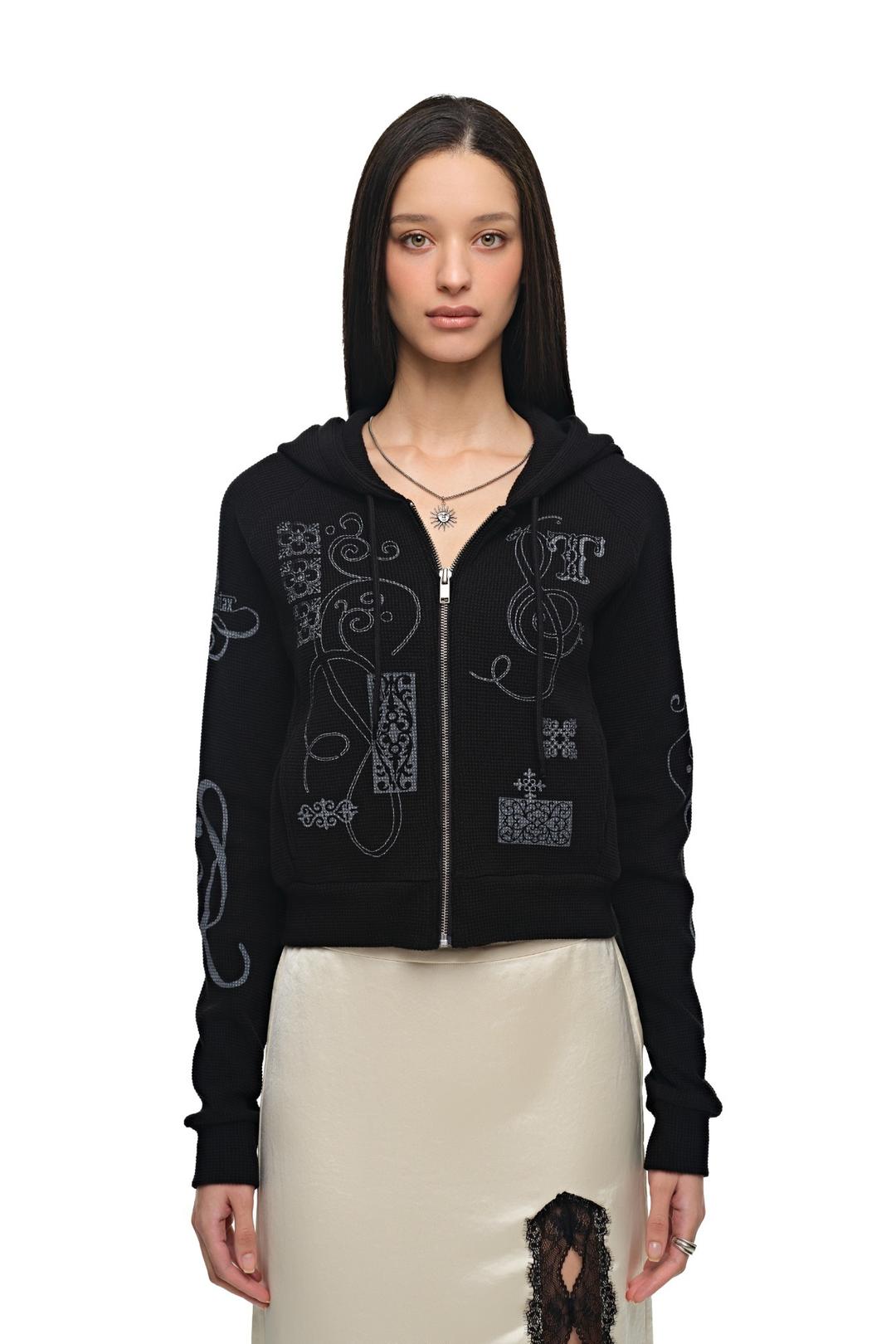 FOLK PATTERN CROP WAFFLE ZIP-UP HOODIE (BLACK)