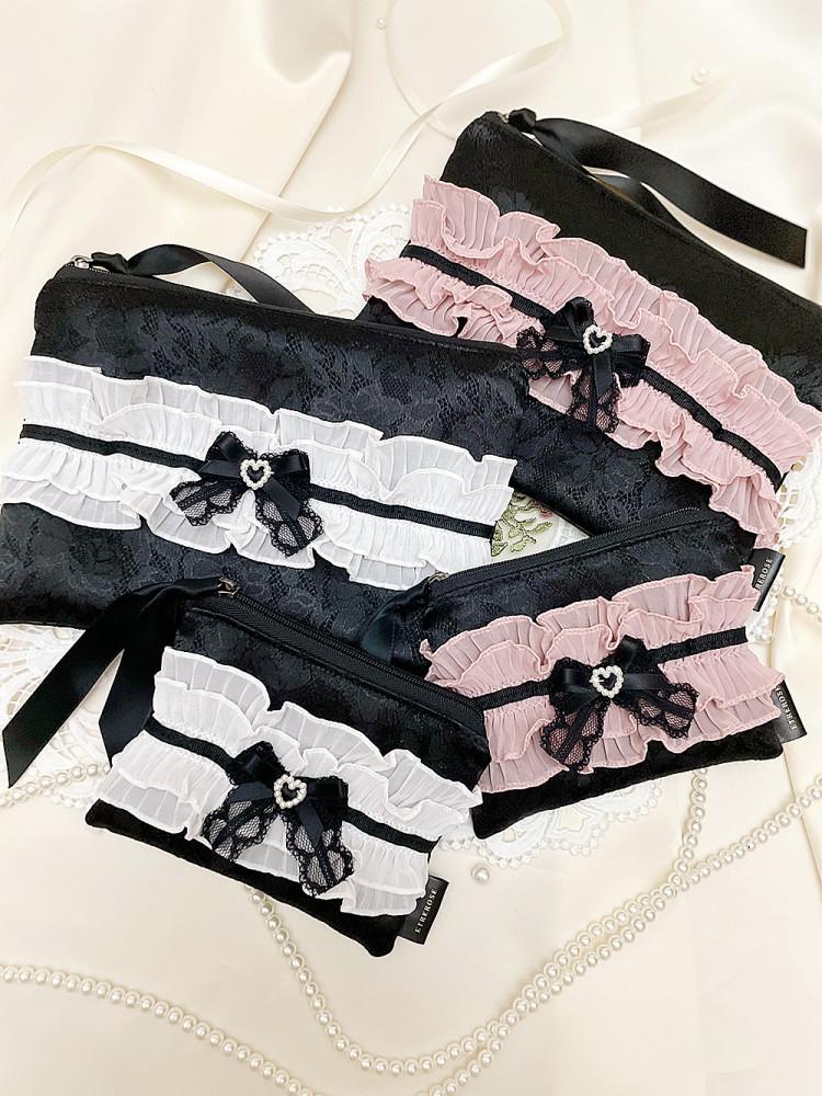 리제 프릴 진주 리본 레이스 새틴 지퍼 파우치 (SET/2color)