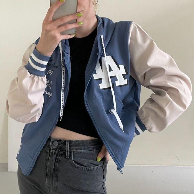 [무배] 여성 간절기 후드 LA 야구 크롭 집업 자켓  4colors