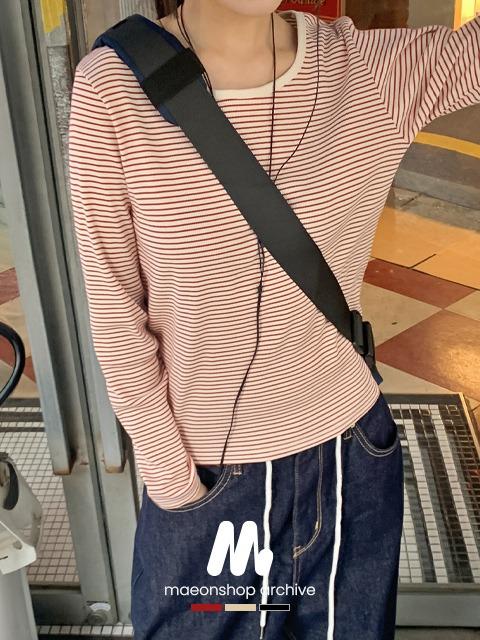 마이온샵 [봄티셔츠🌷/기본템] #MADE 르바나 스트라이프 골지 긴팔티셔츠 (44~88) (단가라-배색라운드넥-레이어드-장마템-골지티셔츠-라운드넥티셔츠-루즈핏-간절기-봄티셔츠)