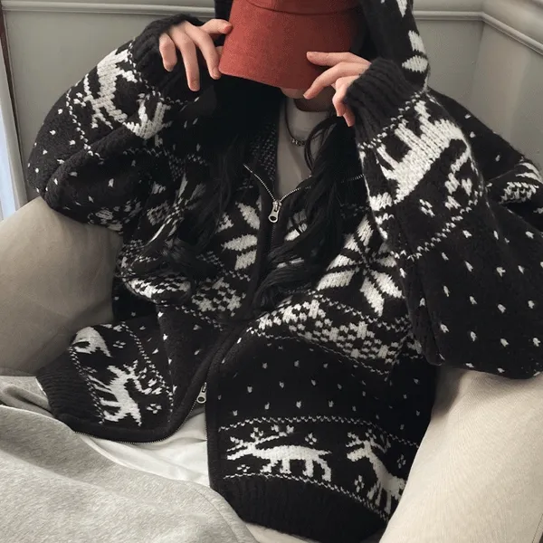 [빅사이즈] 남여공용 스탠다드핏 눈꽃 겨울 연말 연초 울니트 투웨이 후드집업(3color)