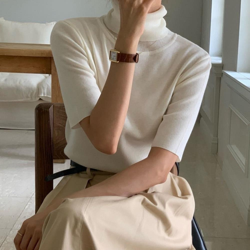 모아니 하프슬라브 베이직 터틀넥 니트 간절기 반팔 폴라 니트