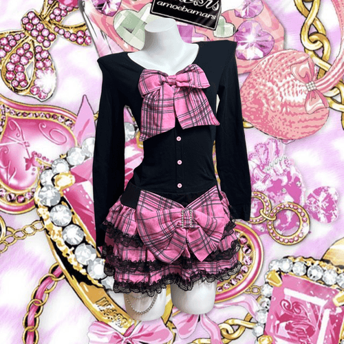 Ma* Style ribbon black top & pink sk set up
