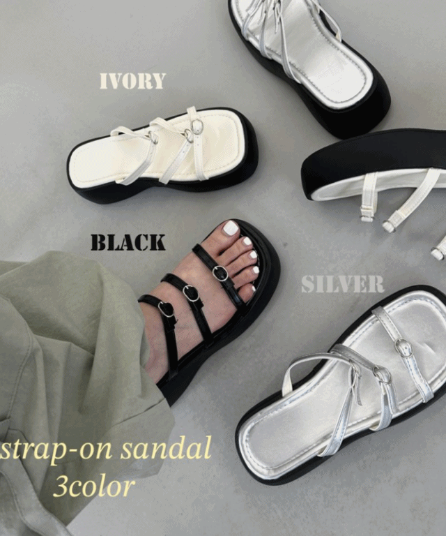 키높이5.5/발볼있는분들추천 3color 스트랩 사이즈조절 벨트 통굽 플랫폼 여름 휴양지 실버 샌들 슬리퍼