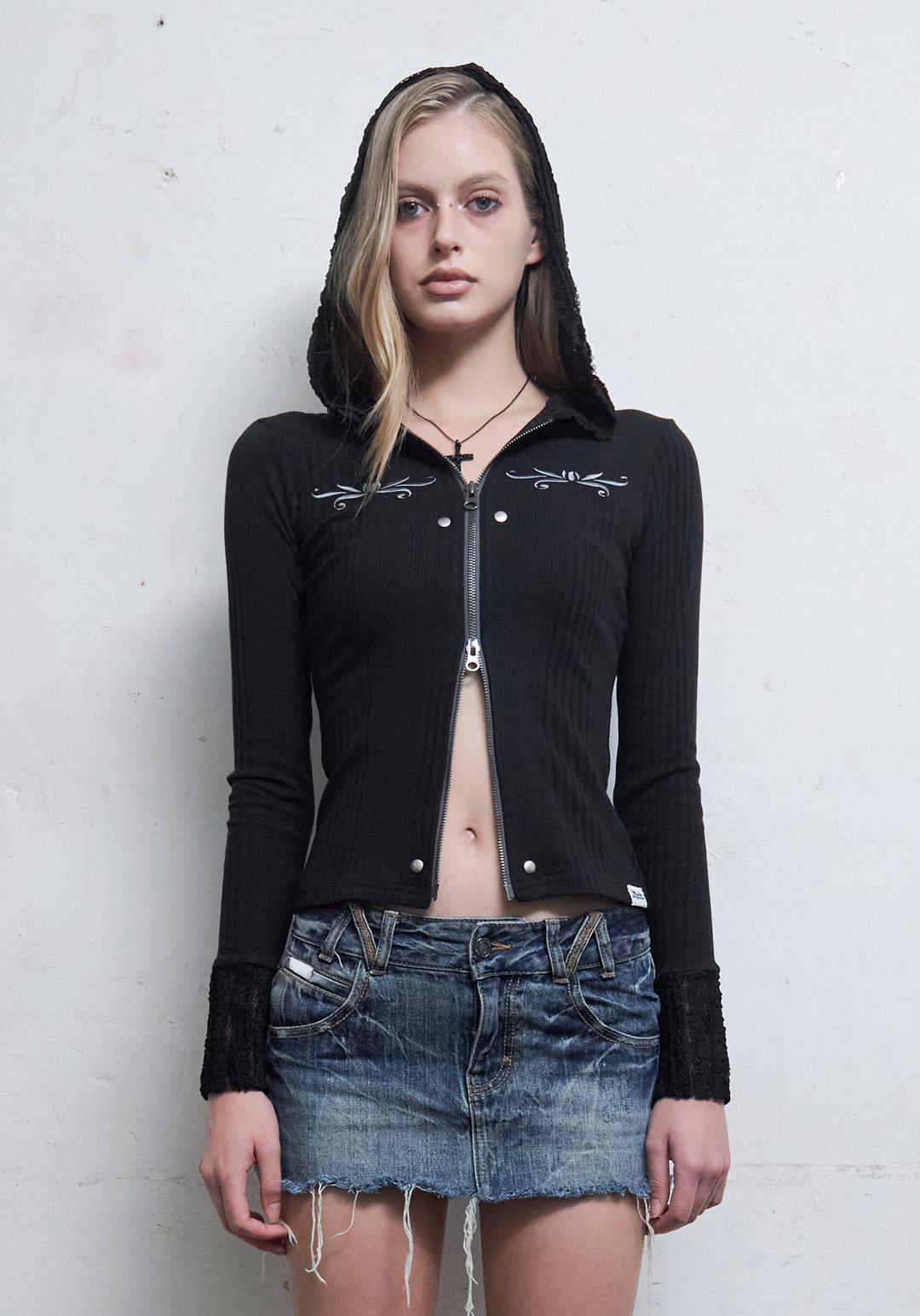 Lace Embroidery Hood Zip-up [Black]