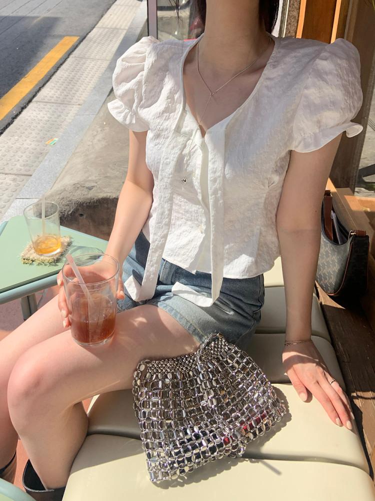 [ 오뉴어웨이 ] 자가드 반팔 퍼프 크롭 블라우스, 여름 블라우스 하객블라우스