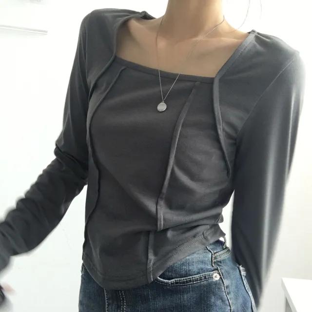 (여리유니크) 스퀘어넥 절개 롱슬리브 / 밑단라운딩 포인트 긴팔티 / 쇄골강조! 배색라인 슬림핏 티셔츠 / 간절기 부드러운 무지 세미크롭티 / 봄 여름 가을 이너