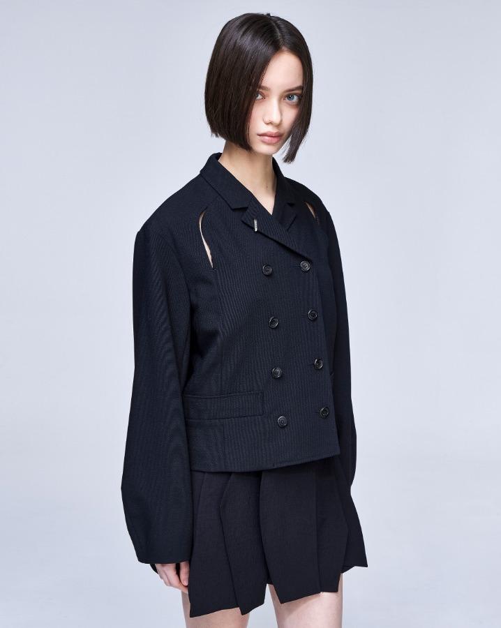 송지오 컬렉션 베이비 카라 더블 자켓 블랙