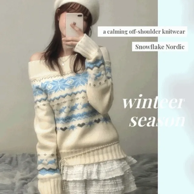 ☃오프숄더 or 목폴라☃ 두가지버전 3color 눈꽃 노르딕 니트 긴팔 겨울 루즈핏 연말룩 새해 크리스마스