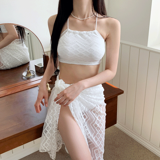 [🌴3피스SET] 풀하우스 펀칭 시스루 랩스커트 꼬임 비키니 수영복 2color