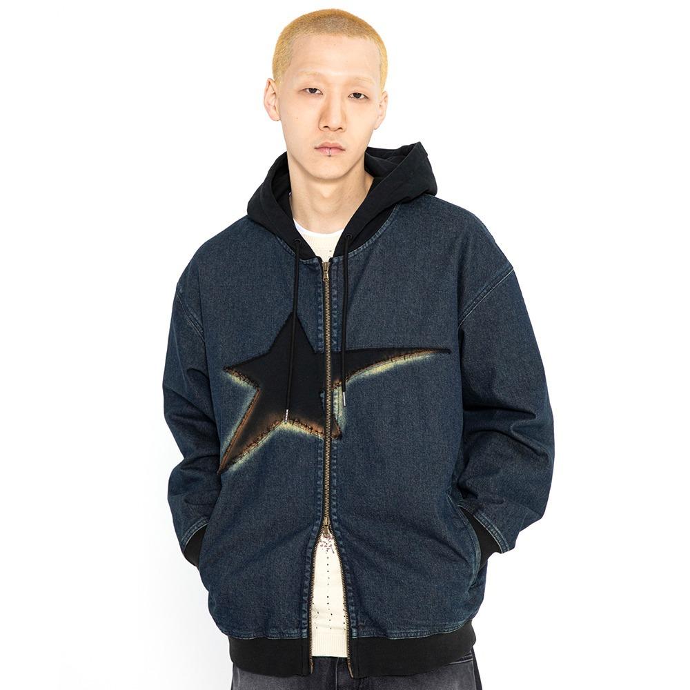 [예약 배송] XTT061 빈티지 워싱 스타 데님 후드집업 (DEEP BLUE)