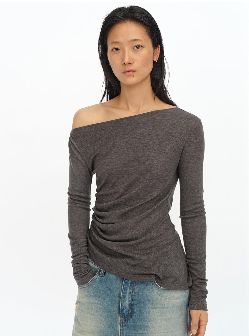Sherred Oblique Shoulder Black Dark Gray Tencel Silk Top (3color)