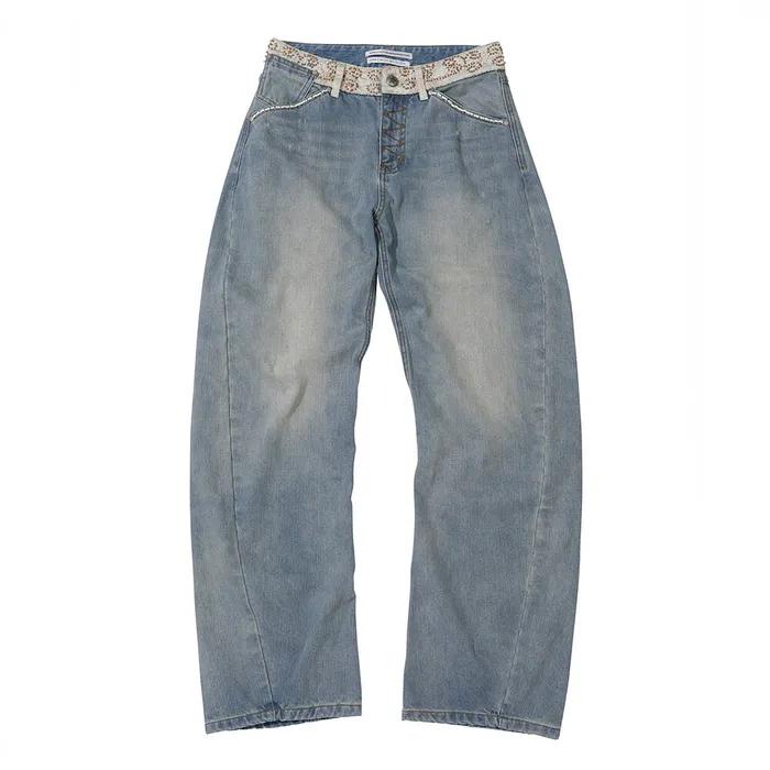 Beaded Waist Denim Pants Mid Blue