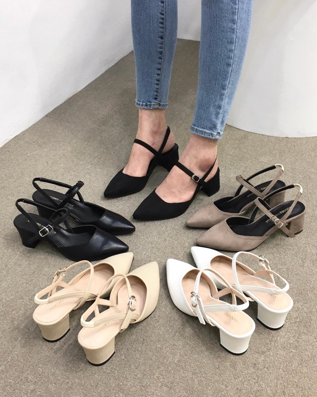 [당일배송/국산수제] 스웨이드/가죽 스틸레토 스트랩 통굽 슬링백힐 5cm 225mm~255mm