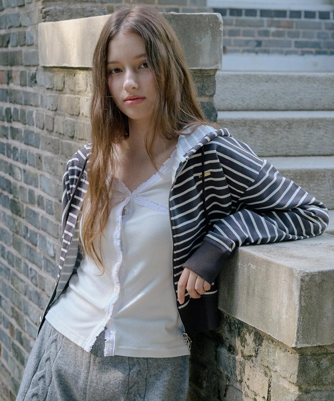 Sena Stripe Cotton Hooded Zip-Up ( Charcoal )