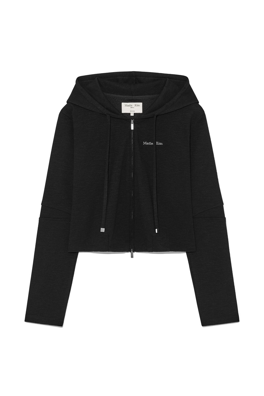 SLEEVE SLIT POINT HOODY ZIP UP IN BLACK