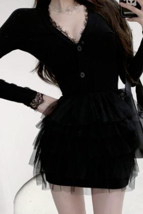 무료당일배송♥골지 레이스 브이넷 망사 미디 블랙 원피스