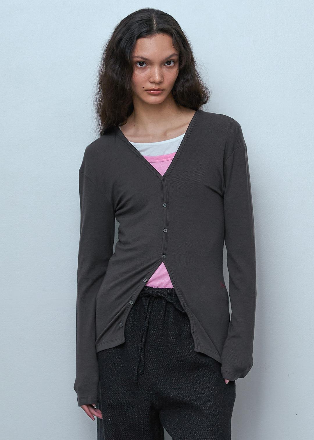 Ribbed Button Cardigan_Charcoal