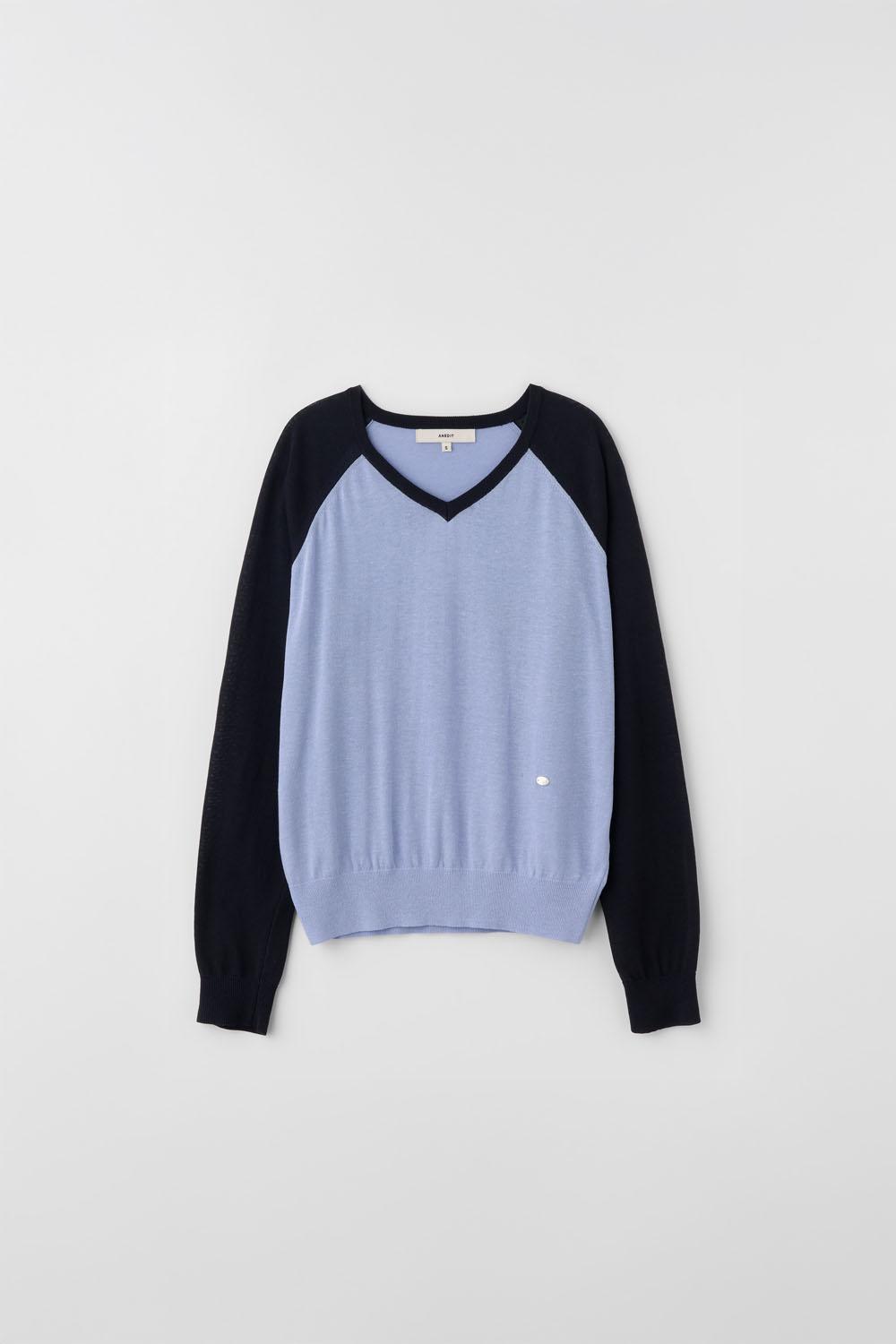 G Linen Vneck Raglan Pullover_Franch Blue