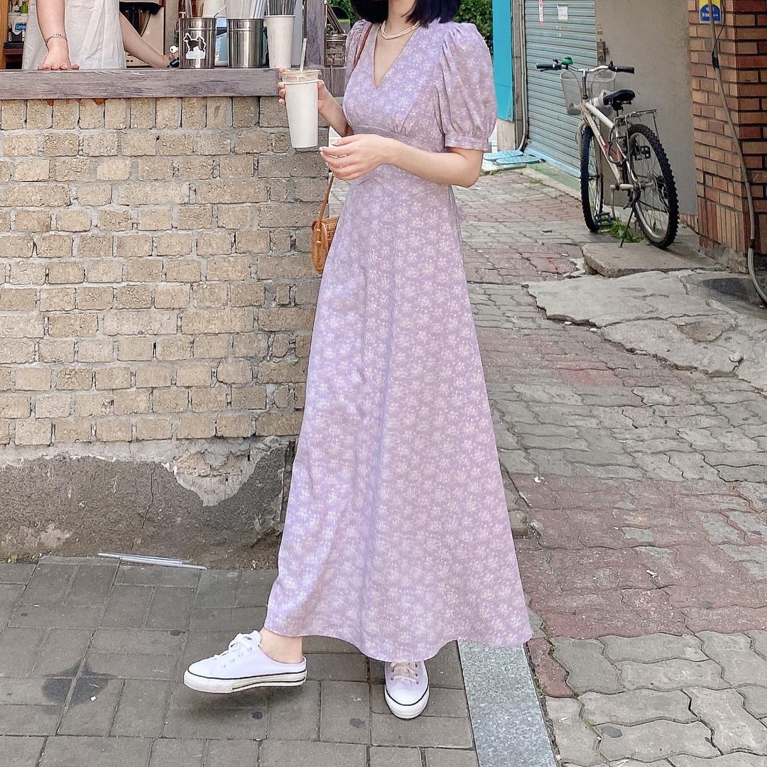 ONLY Urbanité 라일락 플라워 퍼프소매 롱 원피스 자체제작 강민경원피스 [어바니떼]