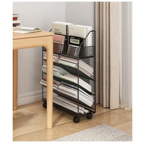 북웨건 책꽂이정리함 철제 이동식 간이 책상서랍 5단 북트롤리 학습트롤리 책수레, 화이트