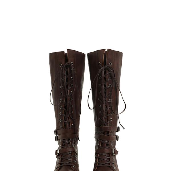 Moromoro Retro Cowhide Strap Round-Headed Buckle Rider Boots