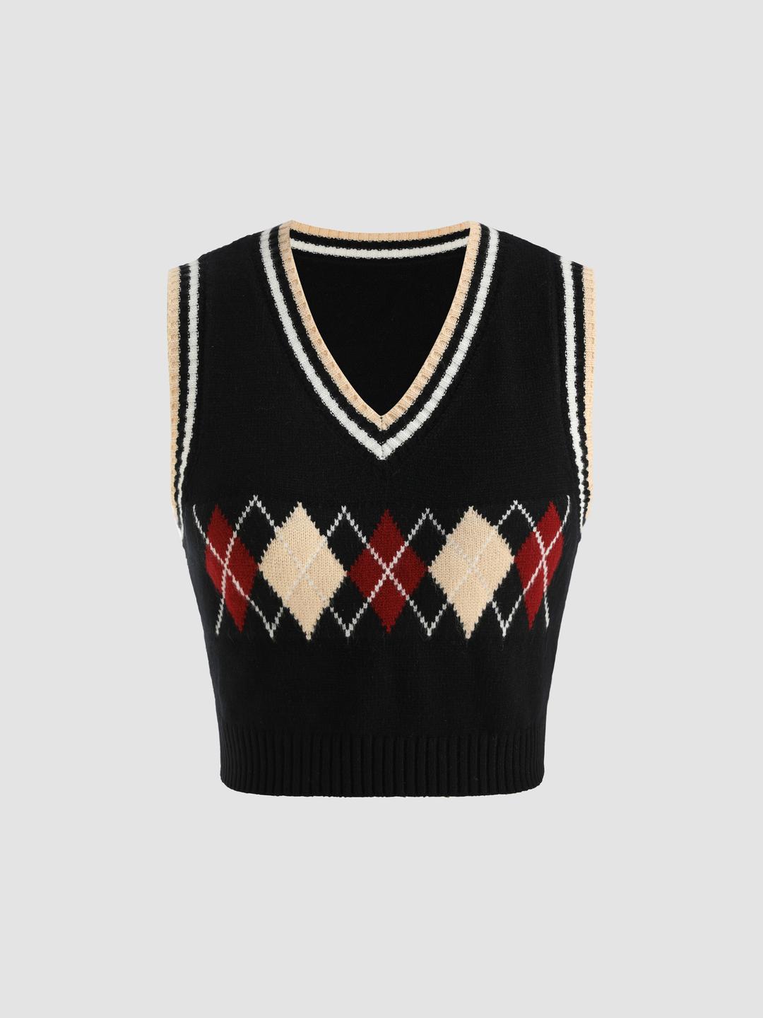 Knit Argyle Plaid Crop Vest