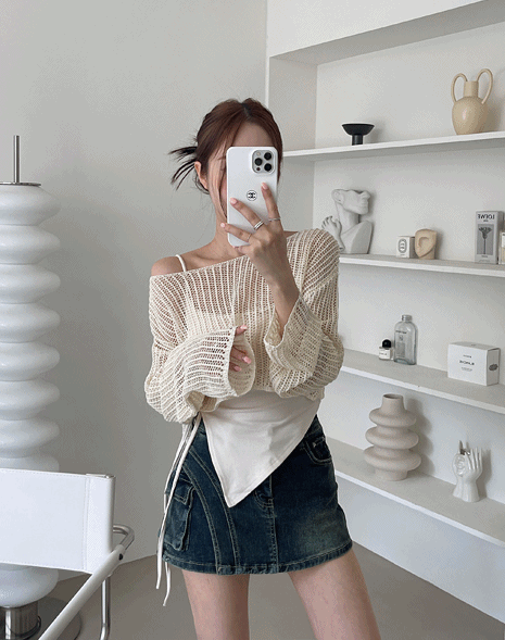 로빈 크롭 그물 니트