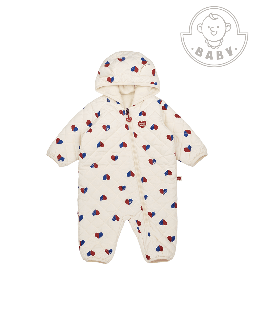 BABY Cream Red Blue Heart Quilted Hooded Jumpsuit