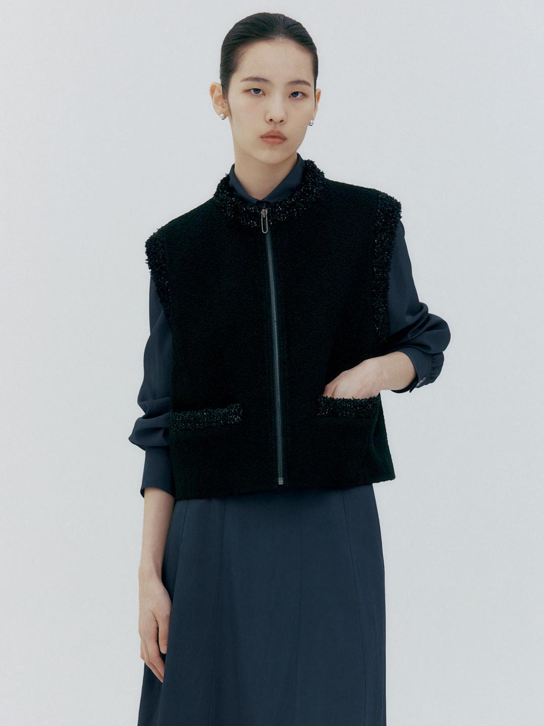 Breeze Tweed Zip-Up Short Vest - Black