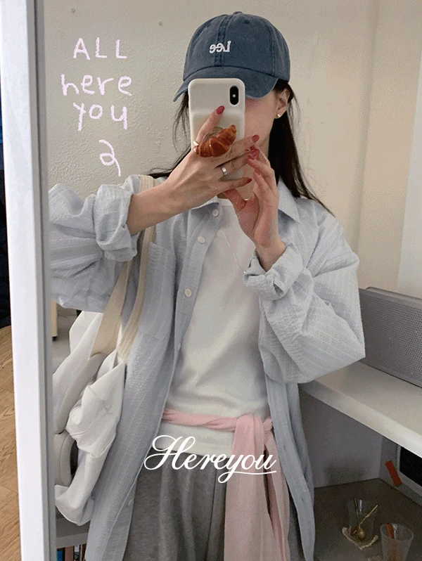 당일출고/주문폭주✨ [here you/시어서커☁] 구름 스트라이프 shirt  (여름셔츠/살안타템/장마룩/자수)