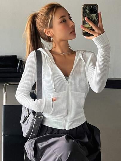 DAZY 지퍼 올림 끈 후드티, 긴팔 상의