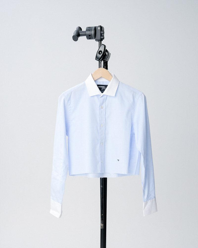Cropped Shirt in Chambray Blue with Contrast Collar - Medium / Blue