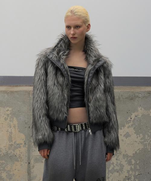 High Neck Fur Jacket - Charcoal