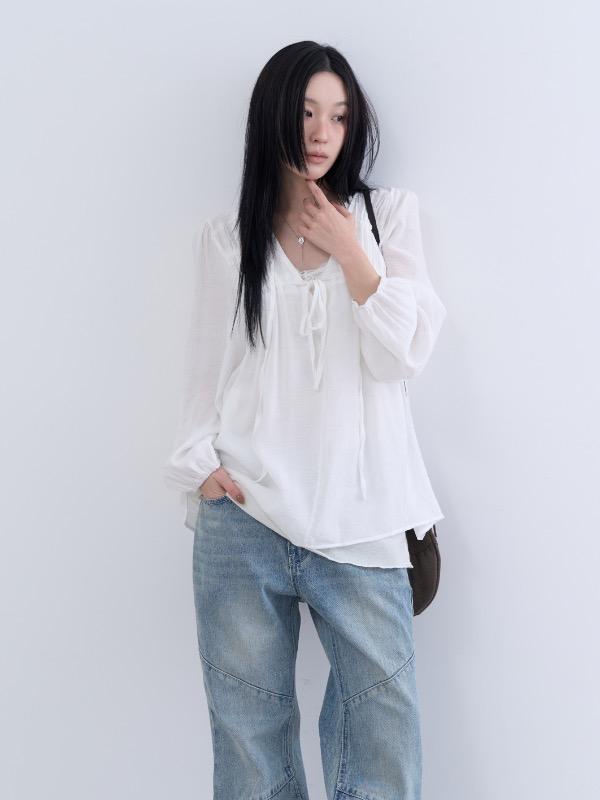 v neck shirring ribbon blouse