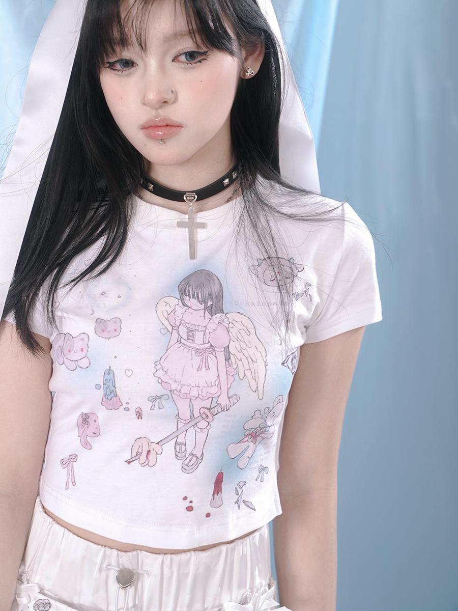 milkyhearts Girl Angel Print Crop T-shirt [2color]