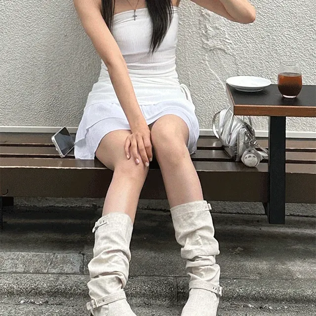 [주문폭주/후기보장/3cm] 페일 버클 셔링 린넨 베이지 블랙 미들 부츠