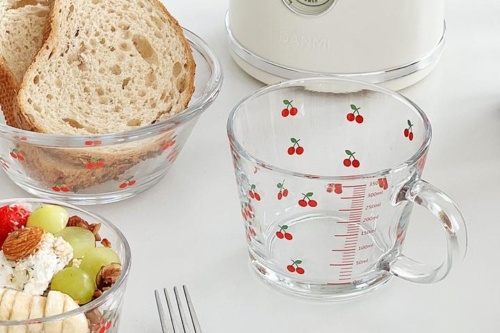 체리쉬 패턴 눈금유리컵 요거트볼 대용량 보울 (체리 유리컵 350ml)