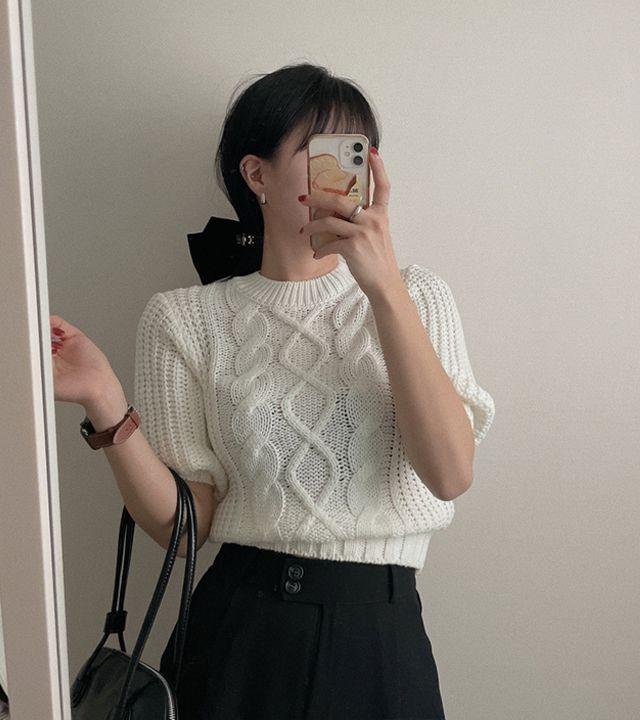 [짜임이예뻐요!] 뜨개느낌 퍼프소매 반팔 니트(3color)_몽그라미_2