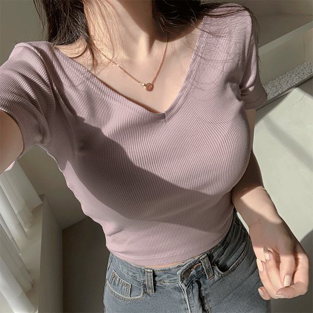 보틀 양면 투웨이 유넥 브이넥 크롭 반팔 티셔츠 (인디핑크/아이보리/딥그린/옐로우/블랙)