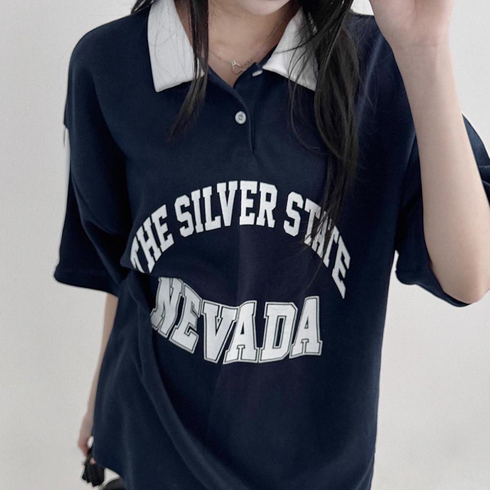 슈체 실물대박👍배색 카라 레터링 오버핏 트랙 반팔 티셔츠