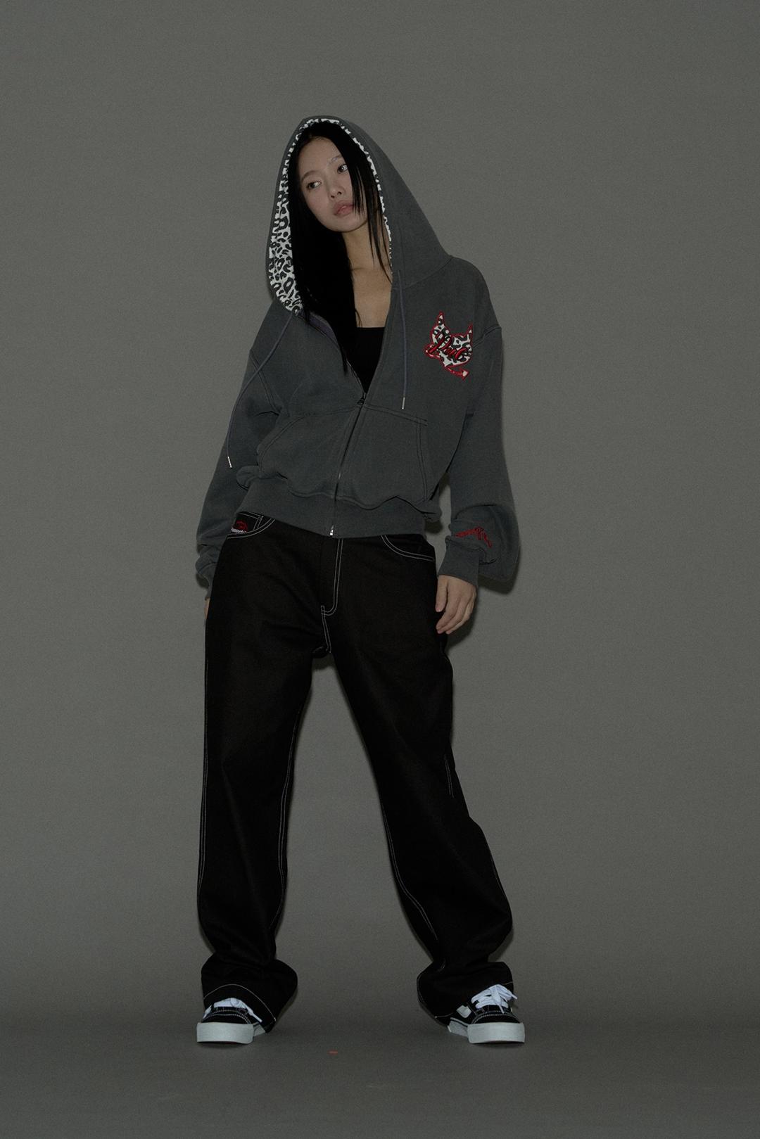 Leopard Heart Logo Hoodie Zip-Up (Washed Charcoal)