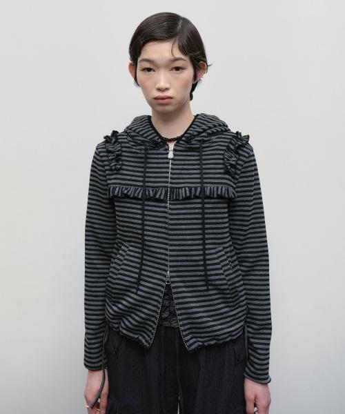 타입서비스(TYPESERVICE)  Ruffled Stripe Zip Hoodie [Black] - 사이즈 & 후기 | 무신사