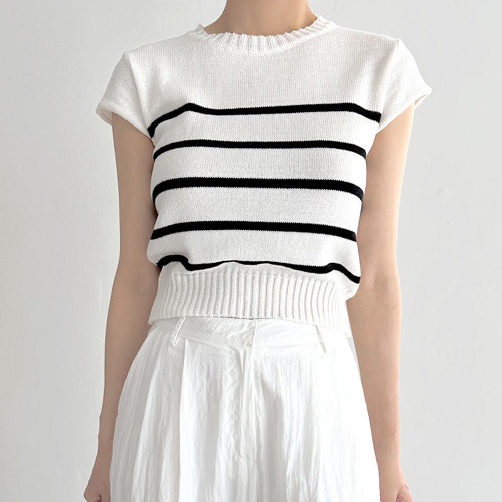 스트라이프 캡 슬리브리스 니트