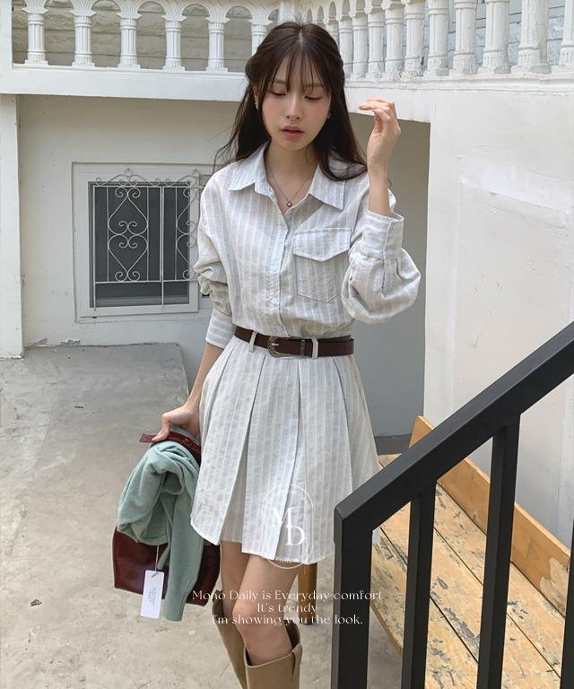 모노데일리 [오늘출발🚚] 펜드 스트라이프 셔츠 원피스 (벨트set )