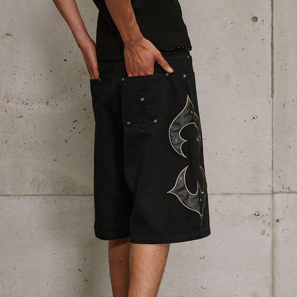 leather embroidered studded half jeans