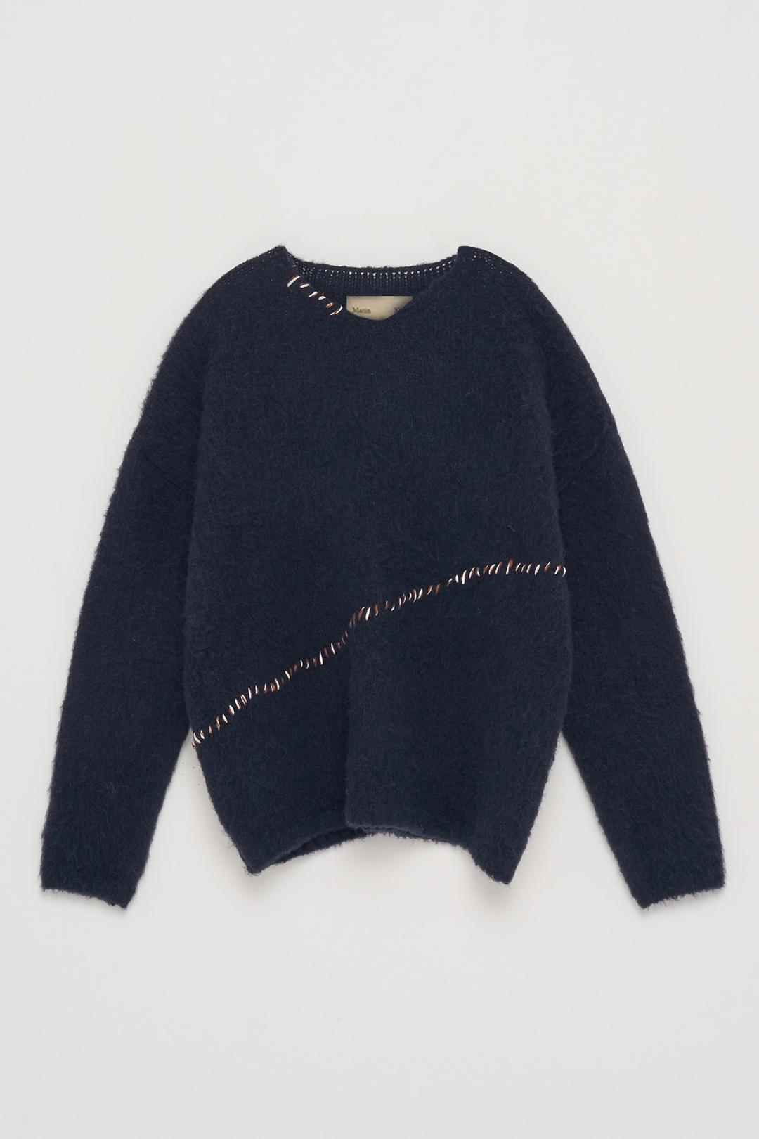 HAND STITCH OVERFIT KNIT PULLOVER IN NAVY